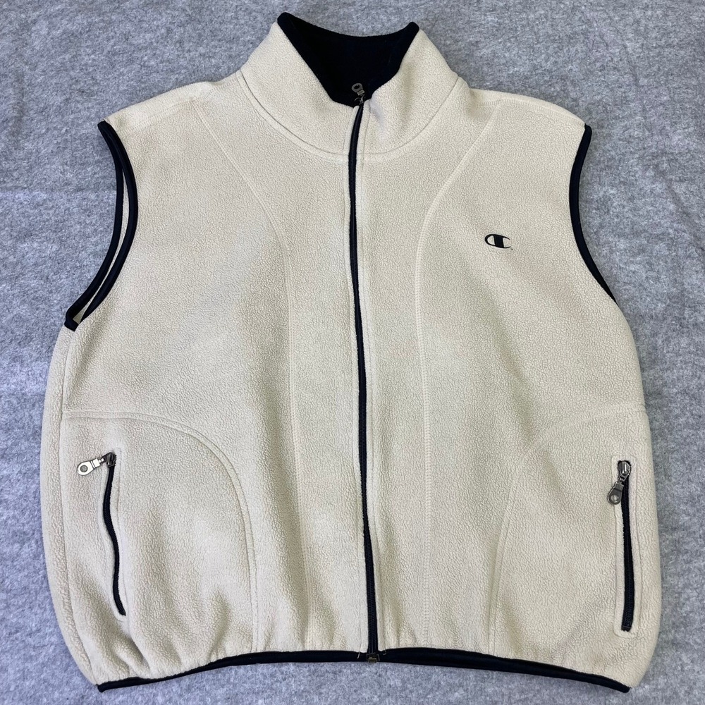 Vintage Champion Mens Fleece Vest Cream Black Full Zip Mock Neck Pockets Medium